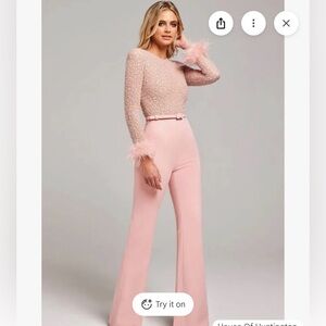 NADINE MERABI Blush Feathered Flare Jumpsuit
